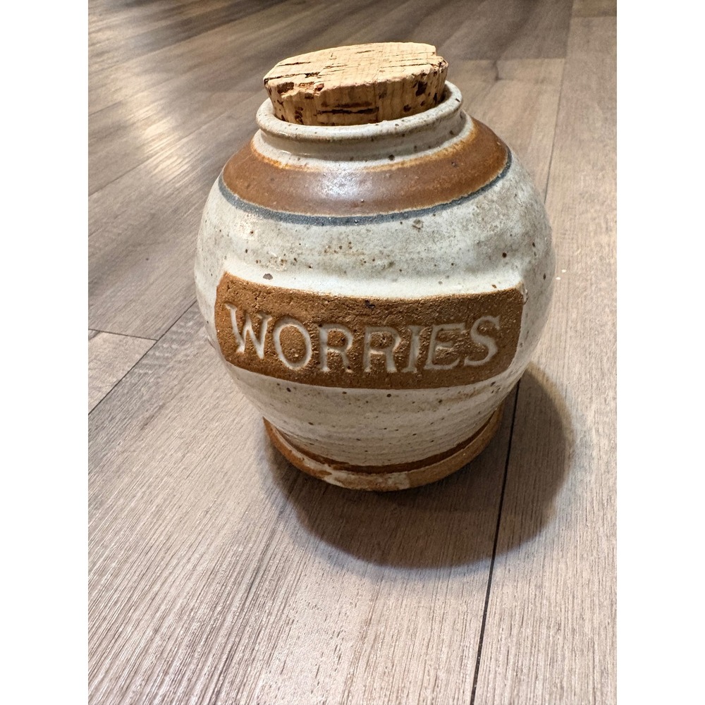 Vintage Studio Pottery Worry Jar Ceramic Vessel with Cork Stopper Brown Cream